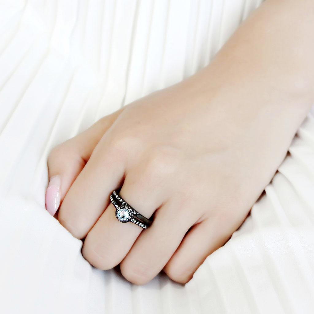 TK3634 - IP Black(Ion Plating) Stainless Steel Ring with Synthetic Synthetic Glass in Sea Blue-4
