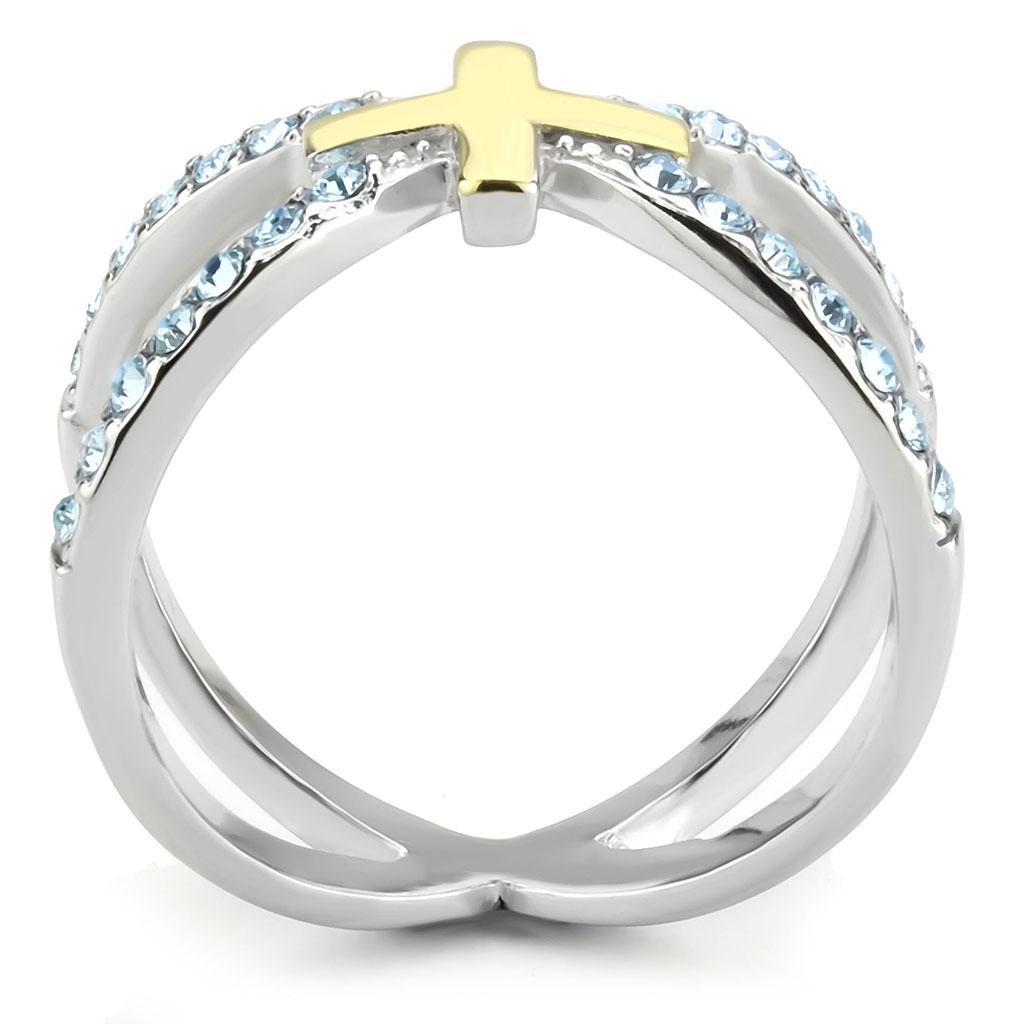 TK3636 - Two-Tone IP Gold (Ion Plating) Stainless Steel Ring with Top Grade Crystal  in Sea Blue-2