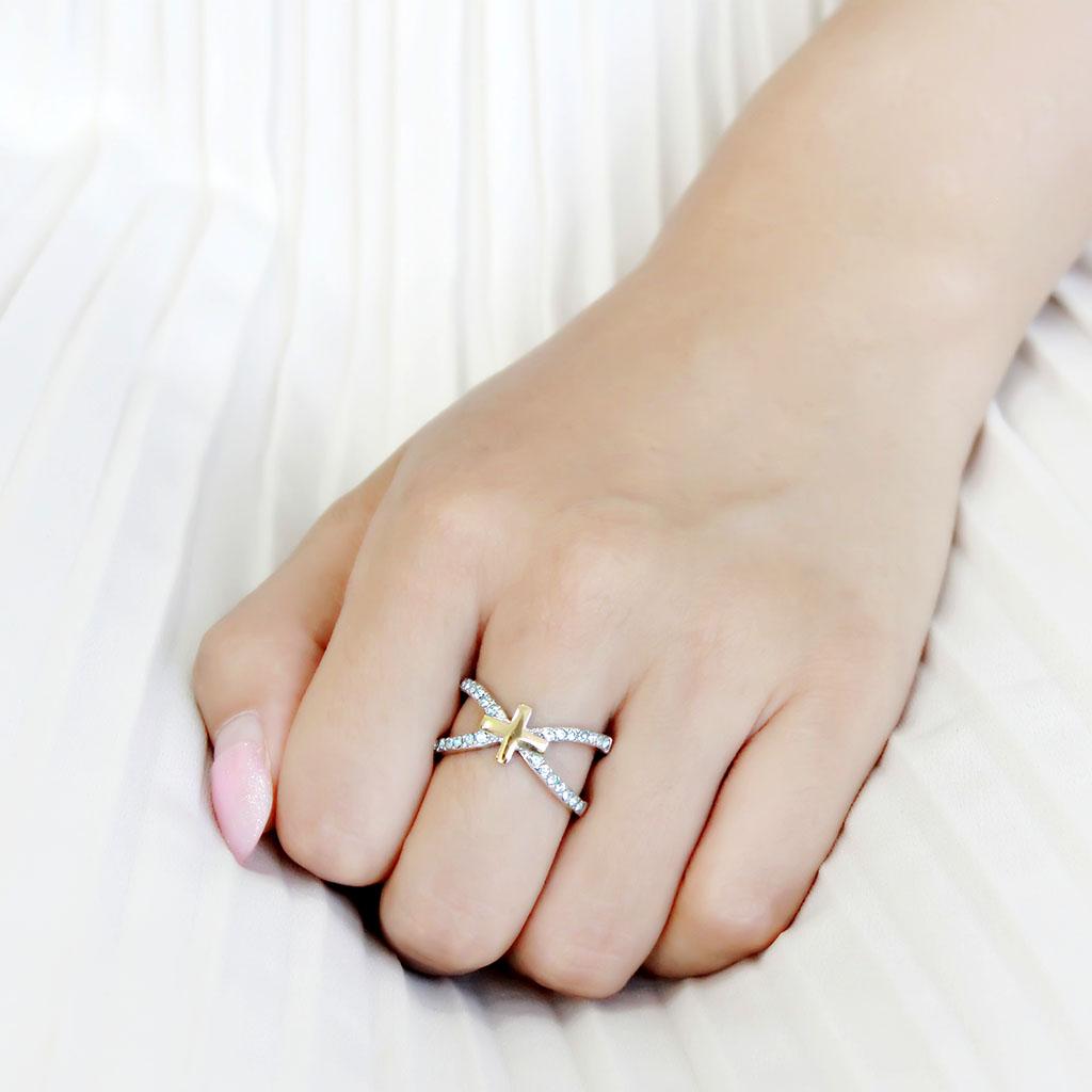 TK3636 - Two-Tone IP Gold (Ion Plating) Stainless Steel Ring with Top Grade Crystal  in Sea Blue-4