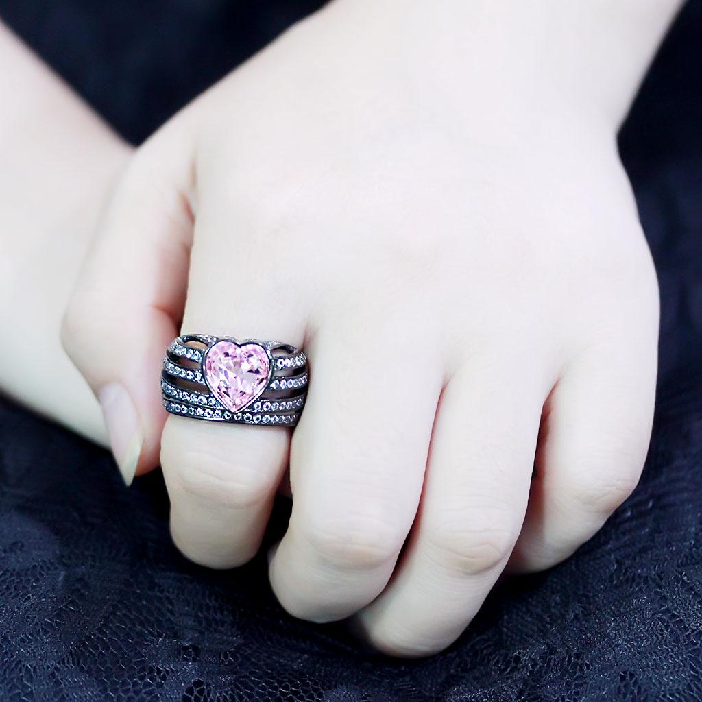TK3686 - IP Black(Ion Plating) Stainless Steel Ring with Top Grade Crystal  in Light Rose-4