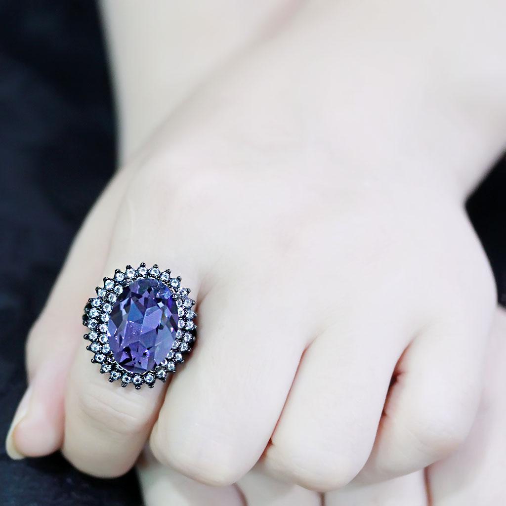 TK3687 - IP Black(Ion Plating) Stainless Steel Ring with Top Grade Crystal  in Tanzanite-4