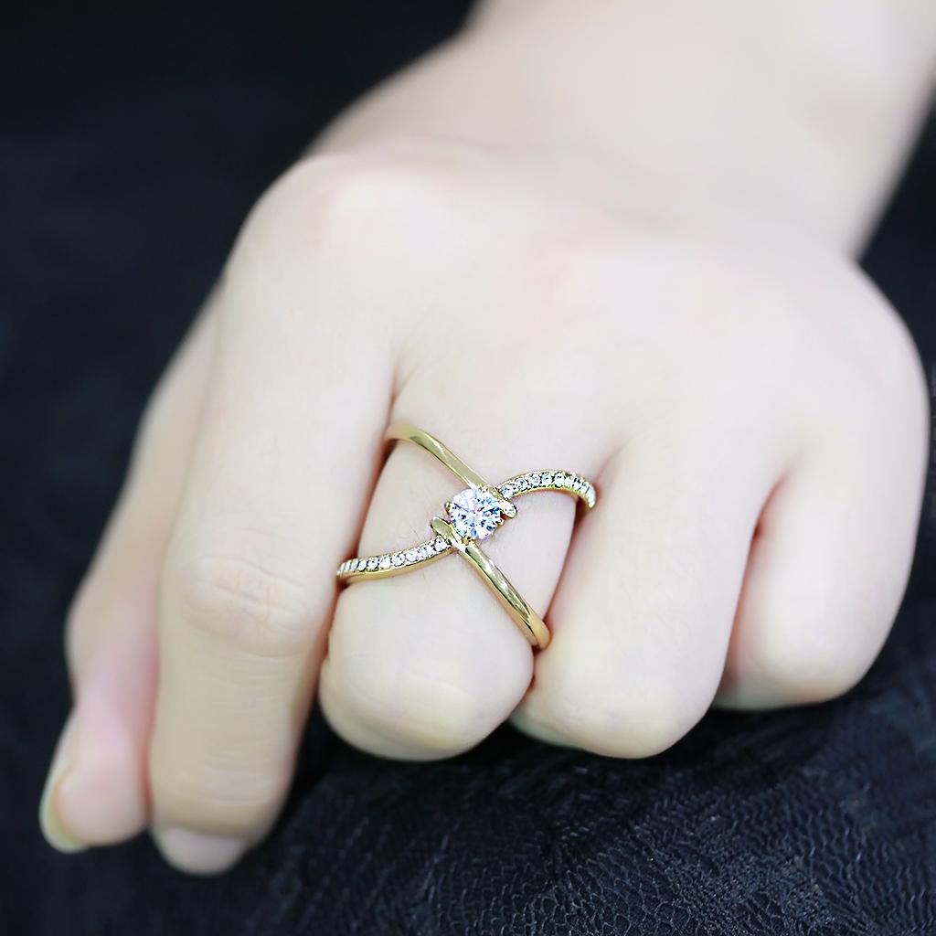 TK3709 - IP Gold(Ion Plating) Stainless Steel Ring with AAA Grade CZ  in Clear-4