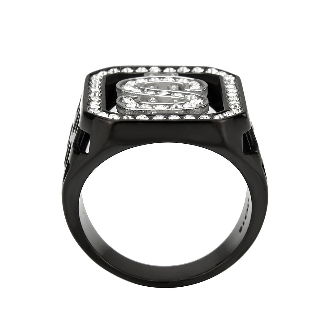 TK3758 - Two Tone IP Black (Ion Plating) Stainless Steel Ring with Top Grade Crystal in Clear-2