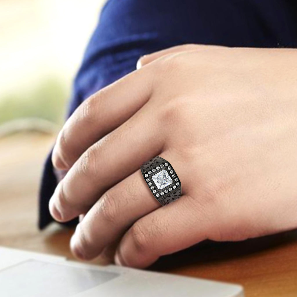 TK3763 - IP Black (Ion Plating) Stainless Steel Ring with AAA Grade CZ in Clear-4