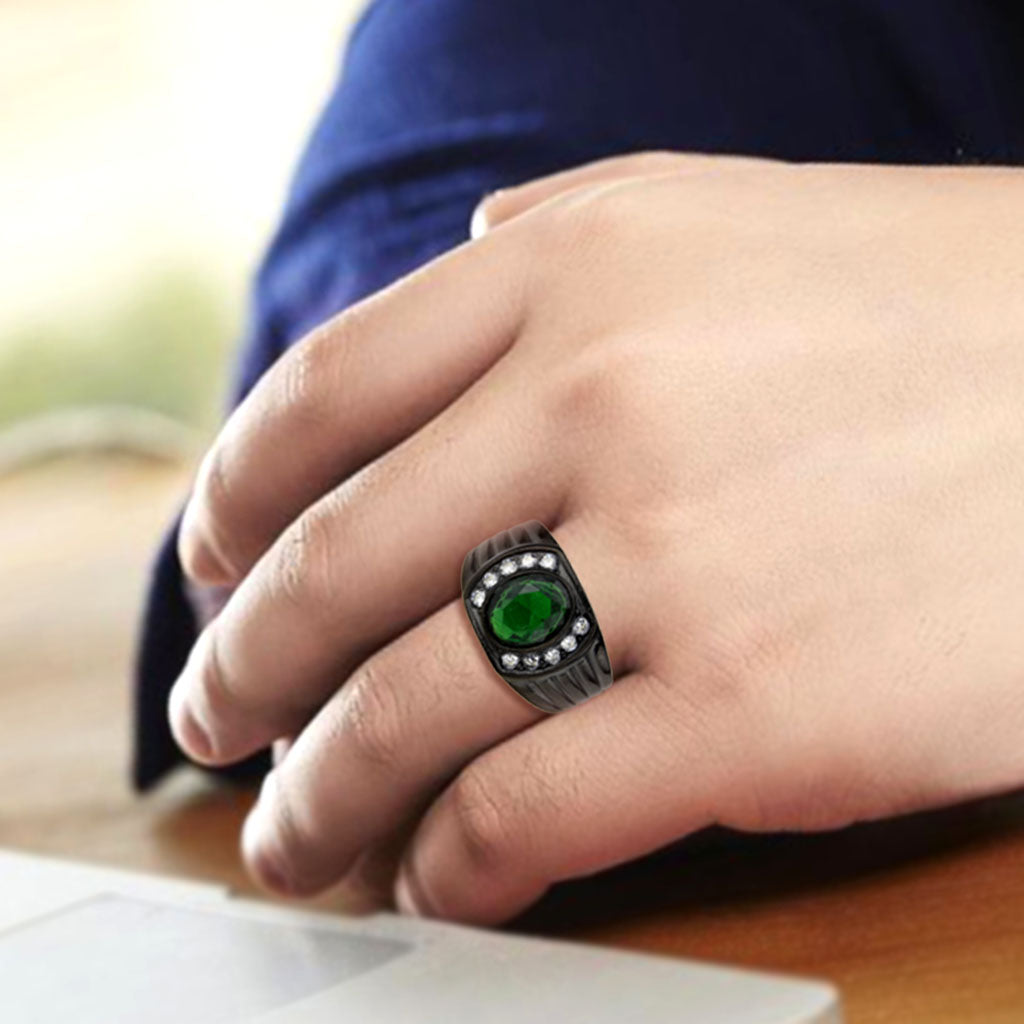 TK3764 - IP Black (Ion Plating) Stainless Steel Ring with Synthetic in Emerald-4
