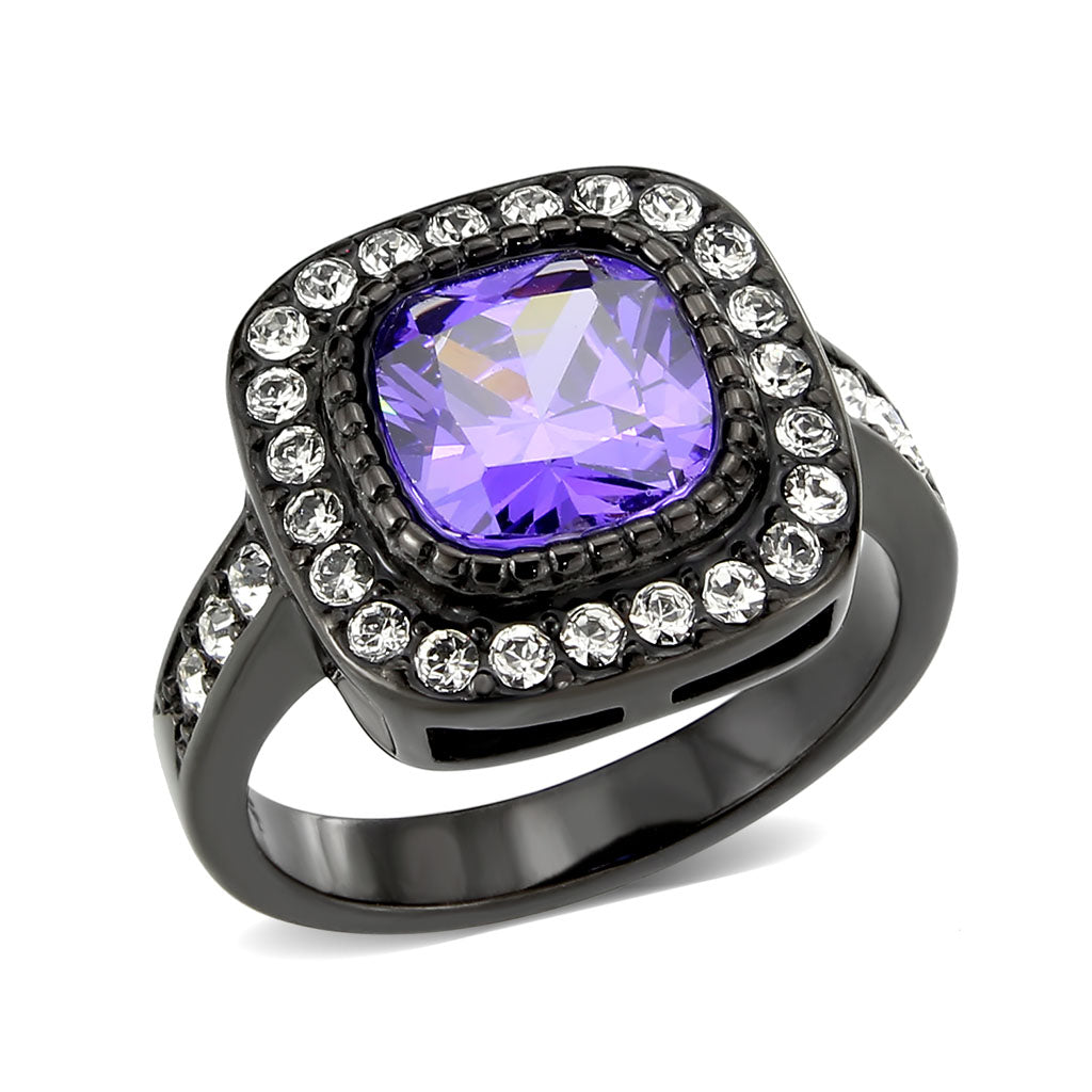 TK3811 - IP Black (Ion Plating) Stainless Steel Ring with AAA Grade CZ in Amethyst-0