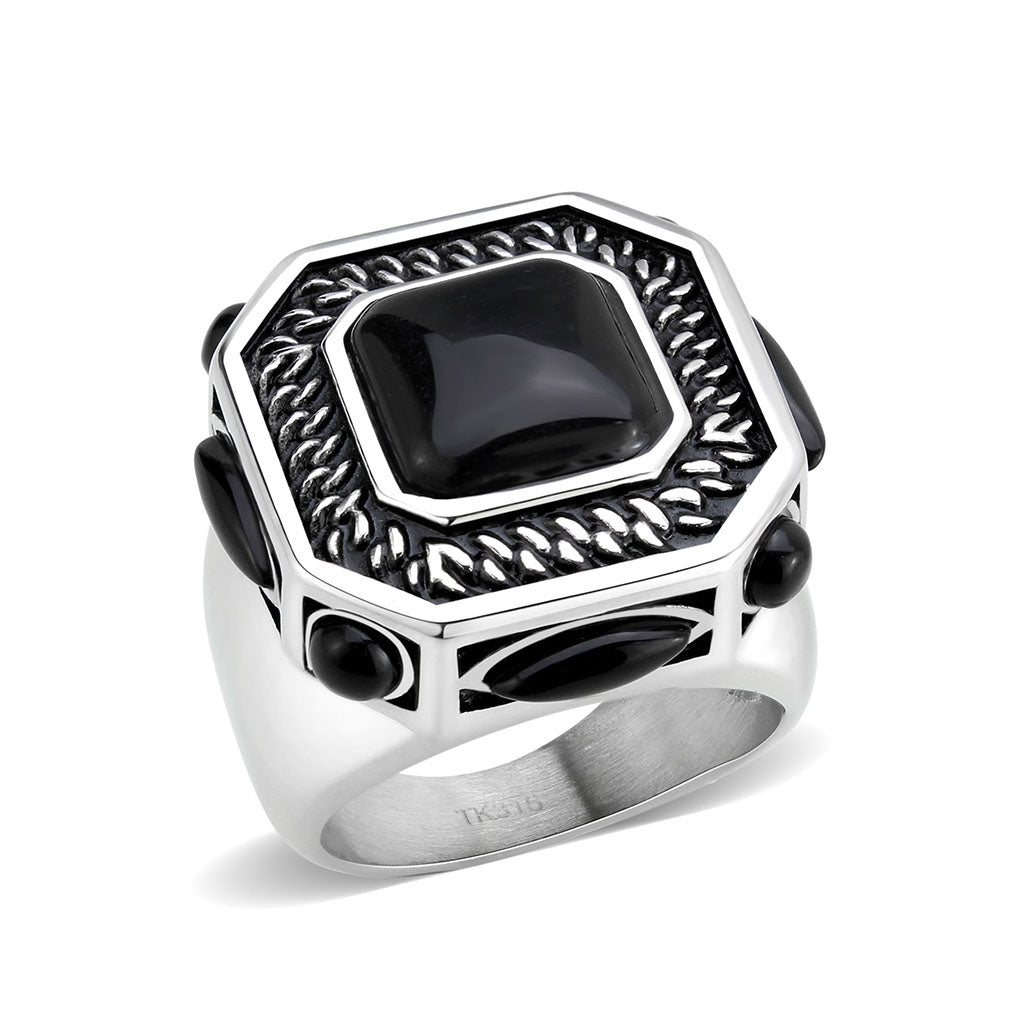 TK3901 - High polished (no plating) Stainless Steel Ring with Synthetic in Jet-0