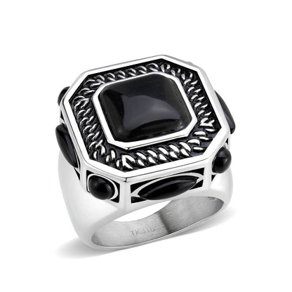 TK3901 - High polished (no plating) Stainless Steel Ring with Synthetic in Jet-0