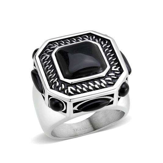 TK3901 - High polished (no plating) Stainless Steel Ring with Synthetic in Jet-0