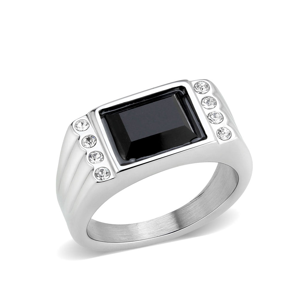 TK3902 - High polished (no plating) Stainless Steel Ring with Synthetic in Jet-0