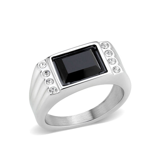 TK3902 - High polished (no plating) Stainless Steel Ring with Synthetic in Jet-0
