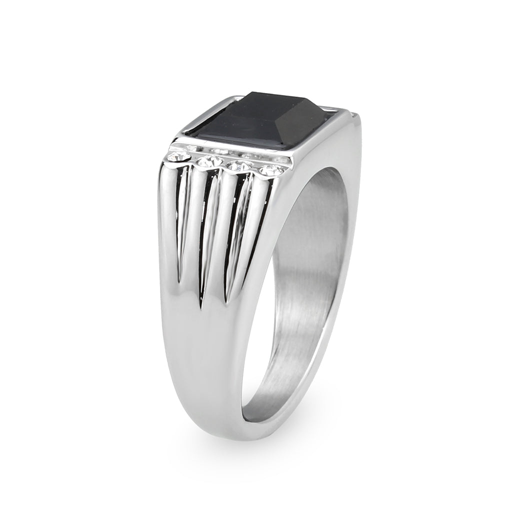 TK3902 - High polished (no plating) Stainless Steel Ring with Synthetic in Jet-3