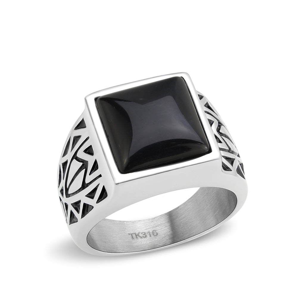 TK3905 - High polished (no plating) Stainless Steel Ring with Synthetic in Jet-0