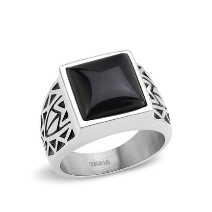 TK3905 - High polished (no plating) Stainless Steel Ring with Synthetic in Jet-0