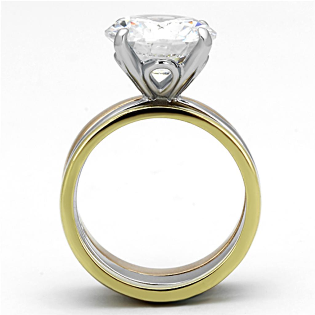 TK963 - Three Tone (IP Gold & IP Rose Gold & High Polished) Stainless Steel Ring with AAA Grade CZ  in Clear-2