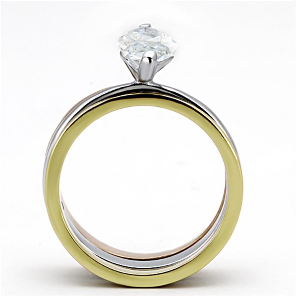 TK964 - Three Tone (IP Gold & IP Rose Gold & High Polished) Stainless Steel Ring with AAA Grade CZ  in Clear-2