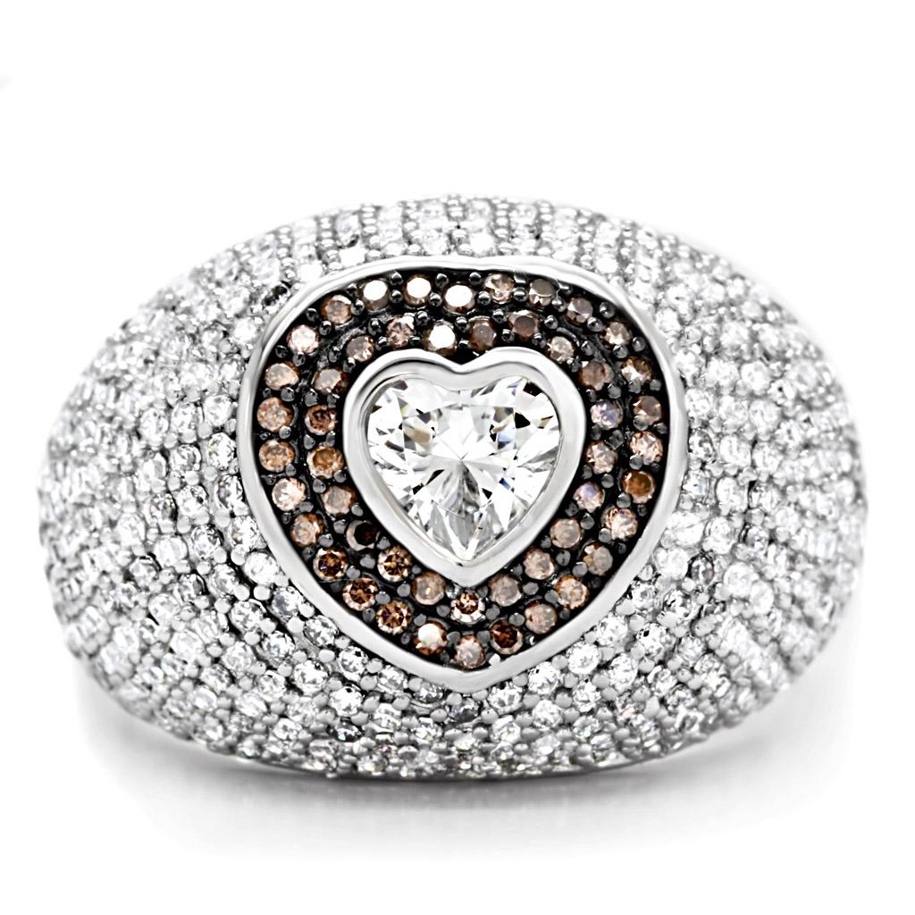 TS022 - Rhodium + Ruthenium 925 Sterling Silver Ring with AAA Grade CZ  in Brown-2