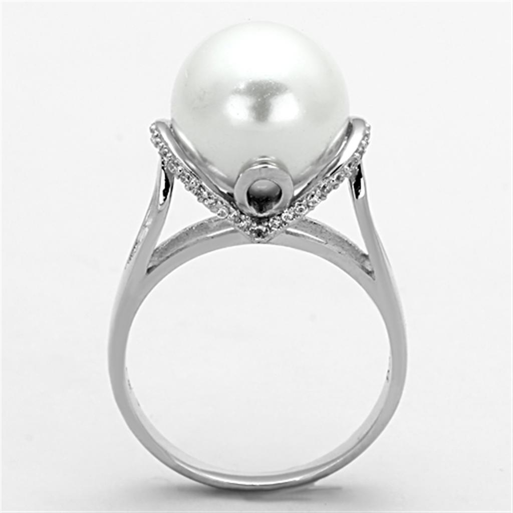 TS154 - Rhodium 925 Sterling Silver Ring with Synthetic Pearl in White-2