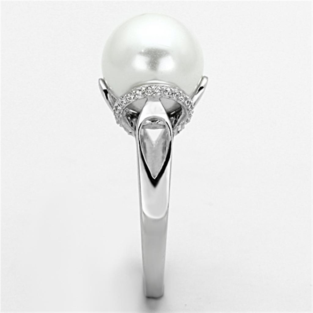 TS154 - Rhodium 925 Sterling Silver Ring with Synthetic Pearl in White-3