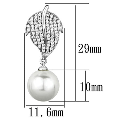 TS166 - Rhodium 925 Sterling Silver Earrings with Synthetic Pearl in White-1