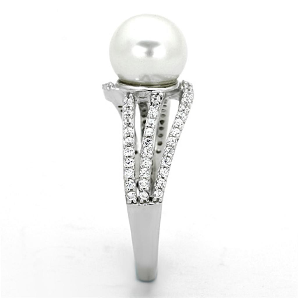 TS170 - Rhodium 925 Sterling Silver Ring with Synthetic Pearl in White-3