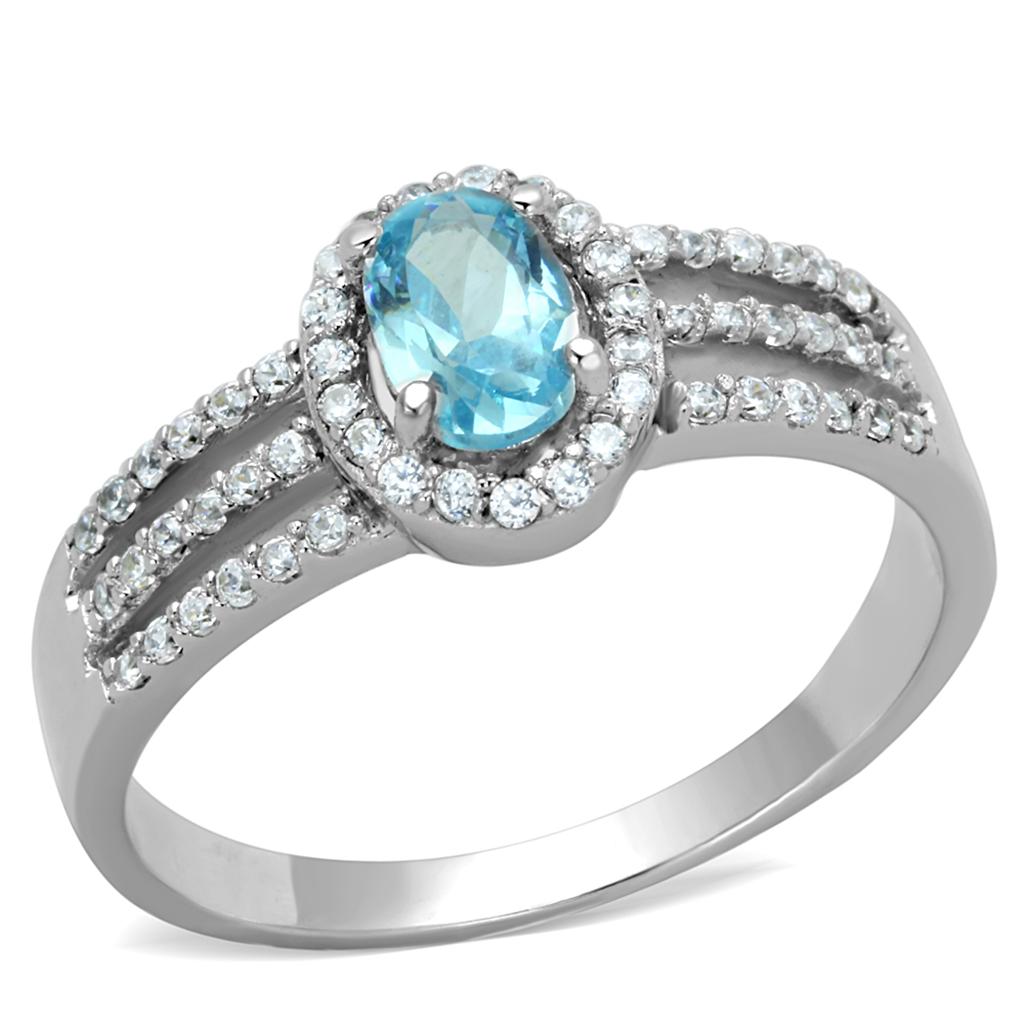 TS184 - Rhodium 925 Sterling Silver Ring with AAA Grade CZ  in Sea Blue-4