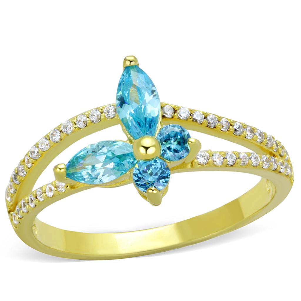 TS249 - Gold 925 Sterling Silver Ring with AAA Grade CZ  in Sea Blue-4