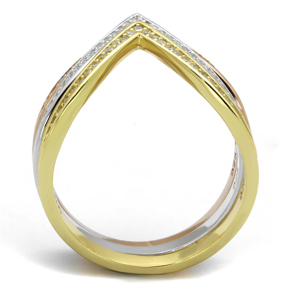 TS416 - Rhodium + Gold + Rose Gold 925 Sterling Silver Ring with AAA Grade CZ  in Clear-2
