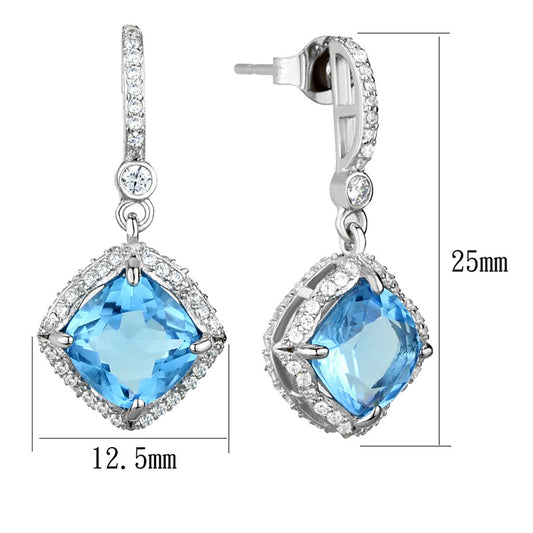 TS438 - Rhodium 925 Sterling Silver Earrings with Synthetic Synthetic Glass in Sea Blue-1
