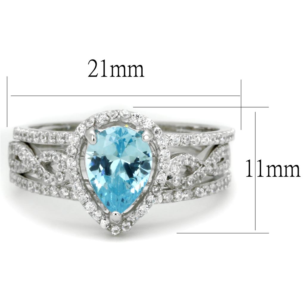 TS453 - Rhodium 925 Sterling Silver Ring with AAA Grade CZ  in Sea Blue-1