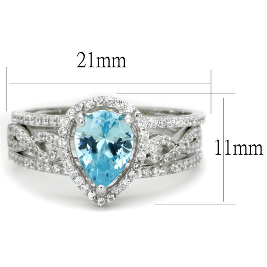 TS453 - Rhodium 925 Sterling Silver Ring with AAA Grade CZ  in Sea Blue-1
