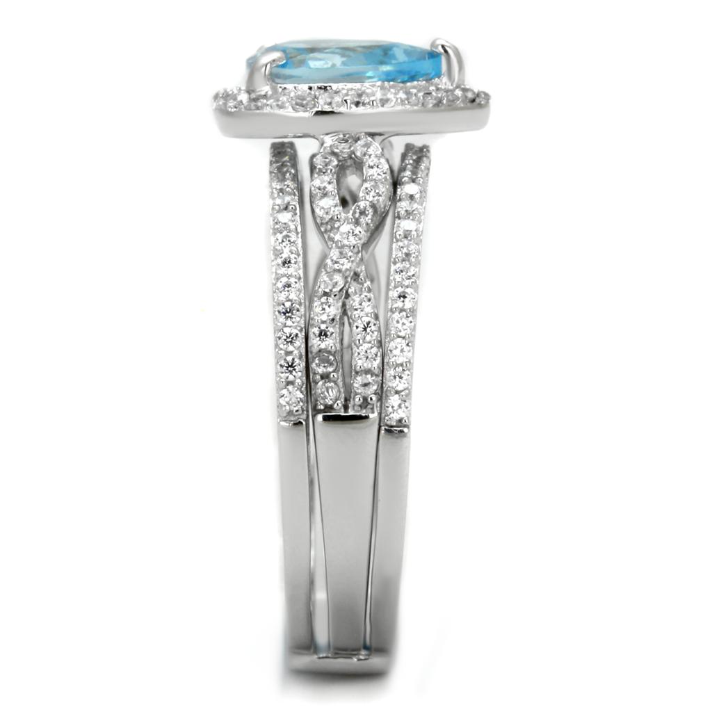 TS453 - Rhodium 925 Sterling Silver Ring with AAA Grade CZ  in Sea Blue-3