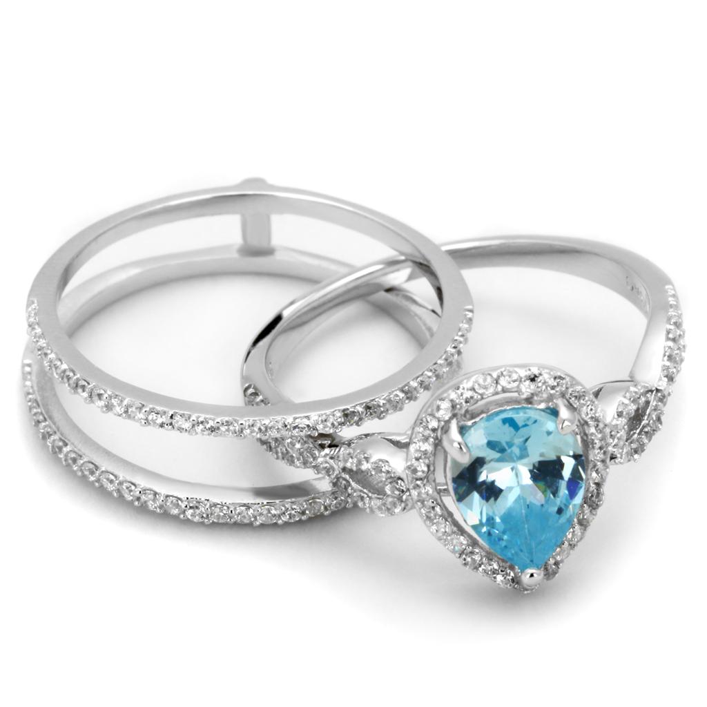 TS453 - Rhodium 925 Sterling Silver Ring with AAA Grade CZ  in Sea Blue-4
