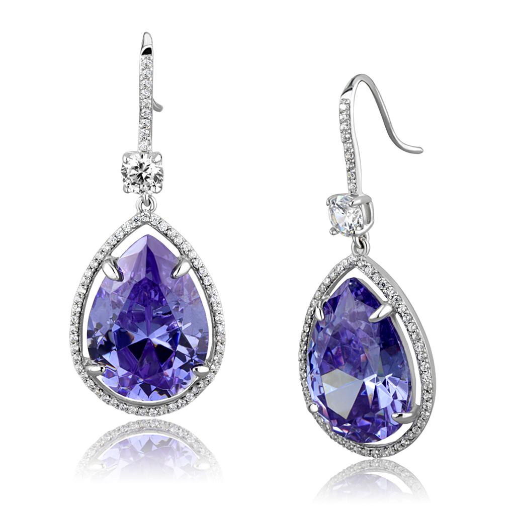 TS477 - Rhodium 925 Sterling Silver Earrings with AAA Grade CZ  in Light Amethyst-2