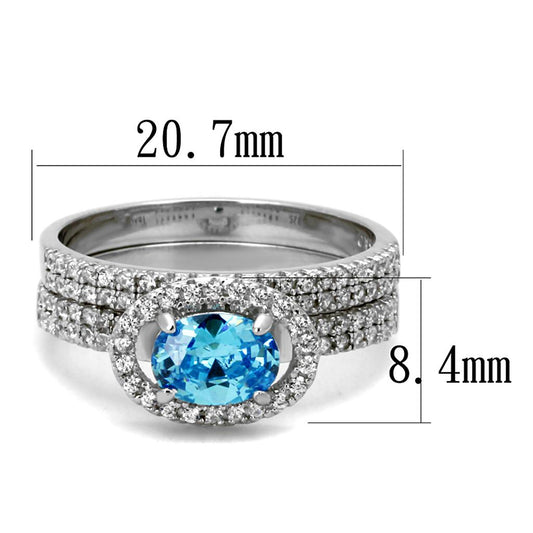TS490 - Rhodium 925 Sterling Silver Ring with AAA Grade CZ  in Sea Blue-1