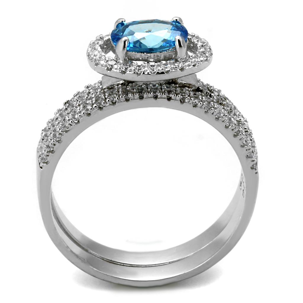 TS490 - Rhodium 925 Sterling Silver Ring with AAA Grade CZ  in Sea Blue-2