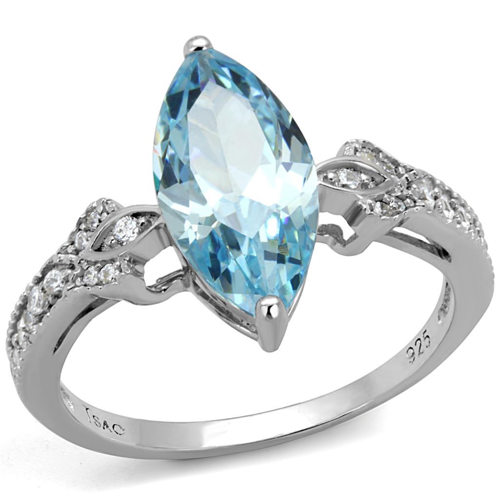 TS502 - Rhodium 925 Sterling Silver Ring with AAA Grade CZ  in Sea Blue-4