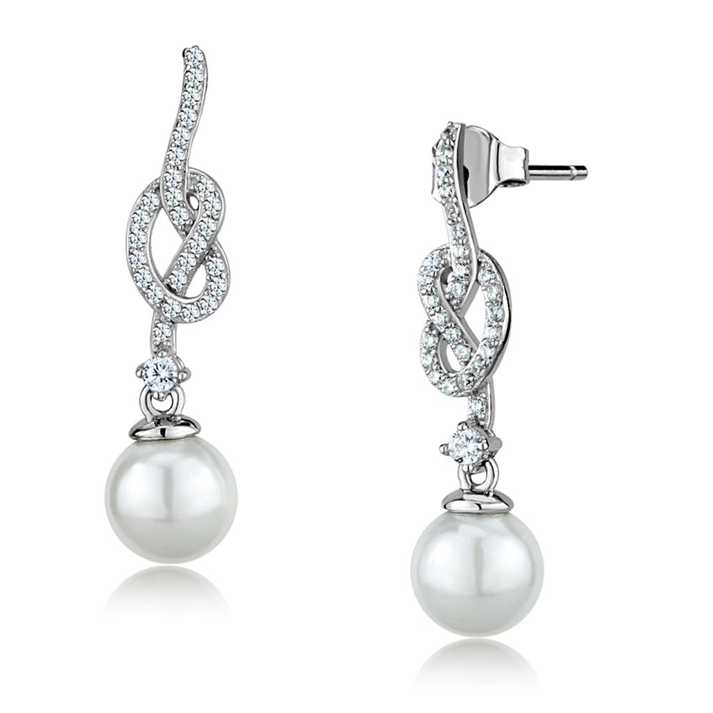TS506 - Rhodium 925 Sterling Silver Earrings with Synthetic Glass Bead in White-2