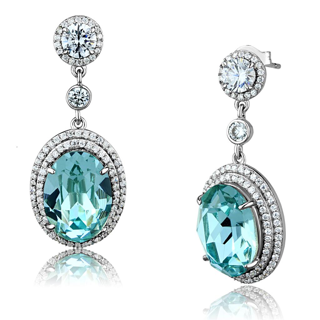 TS508 - Rhodium 925 Sterling Silver Earrings with Top Grade Crystal  in Sea Blue-2