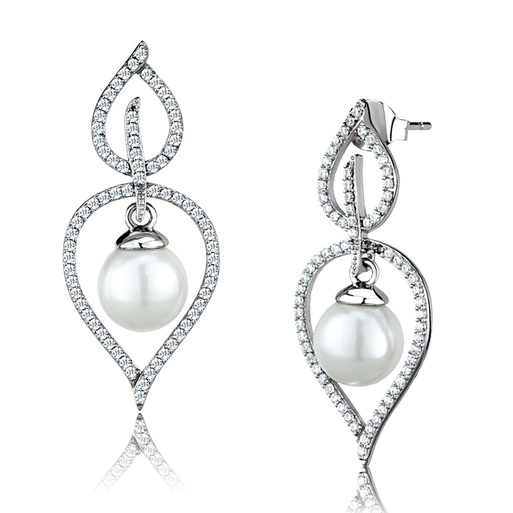 TS510 - Rhodium 925 Sterling Silver Earrings with Semi-Precious Glass Bead in White-2