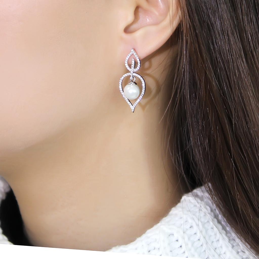 TS510 - Rhodium 925 Sterling Silver Earrings with Semi-Precious Glass Bead in White-3