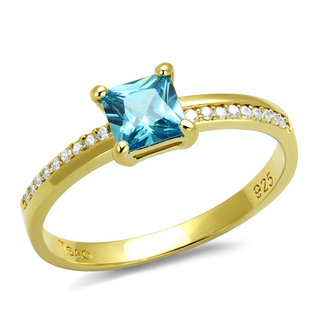TS559 - Gold 925 Sterling Silver Ring with AAA Grade CZ  in Sea Blue-4