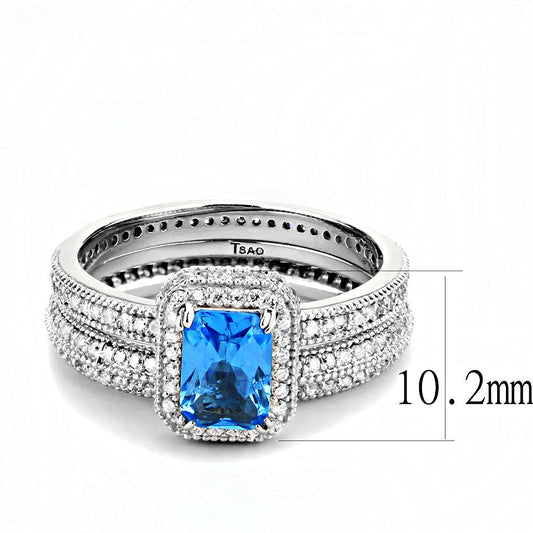 TS615 - Rhodium 925 Sterling Silver Ring with Synthetic Synthetic Glass in Sea Blue-1