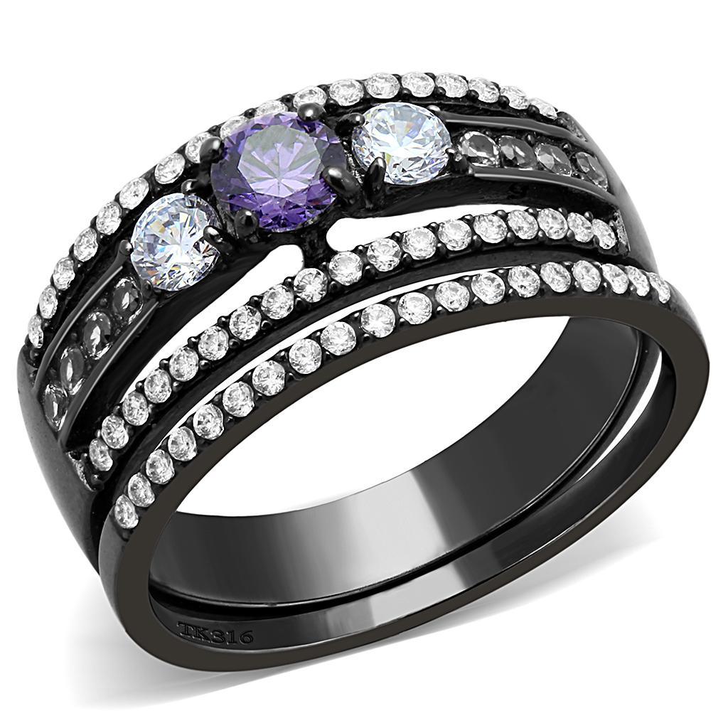 DA001 - IP Black(Ion Plating) Stainless Steel Ring with AAA Grade CZ  in Amethyst-0