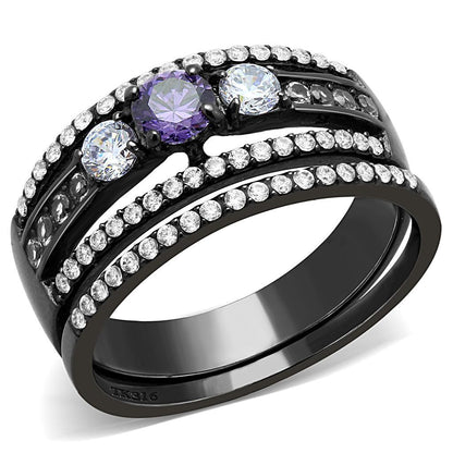 DA001 - IP Black(Ion Plating) Stainless Steel Ring with AAA Grade CZ  in Amethyst-0