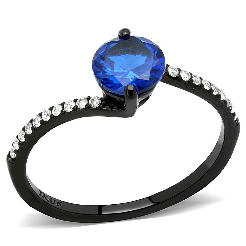 DA012 - IP Black(Ion Plating) Stainless Steel Ring with Synthetic Spinel in London Blue-0