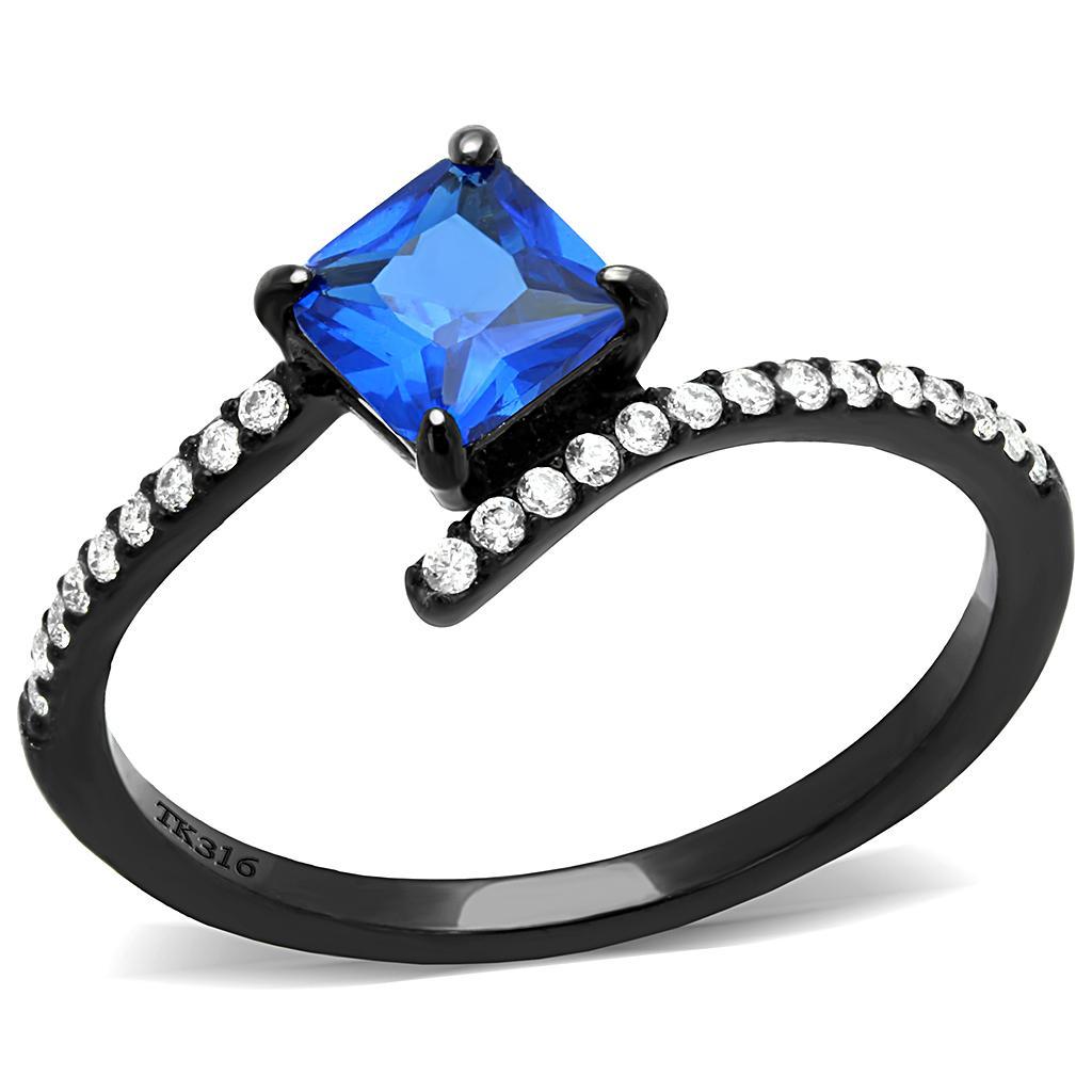 DA016 - IP Black(Ion Plating) Stainless Steel Ring with Synthetic Spinel in London Blue-0