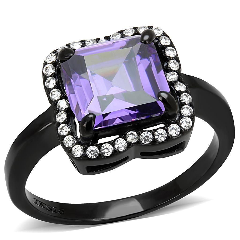DA028 - IP Black(Ion Plating) Stainless Steel Ring with AAA Grade CZ  in Amethyst-0