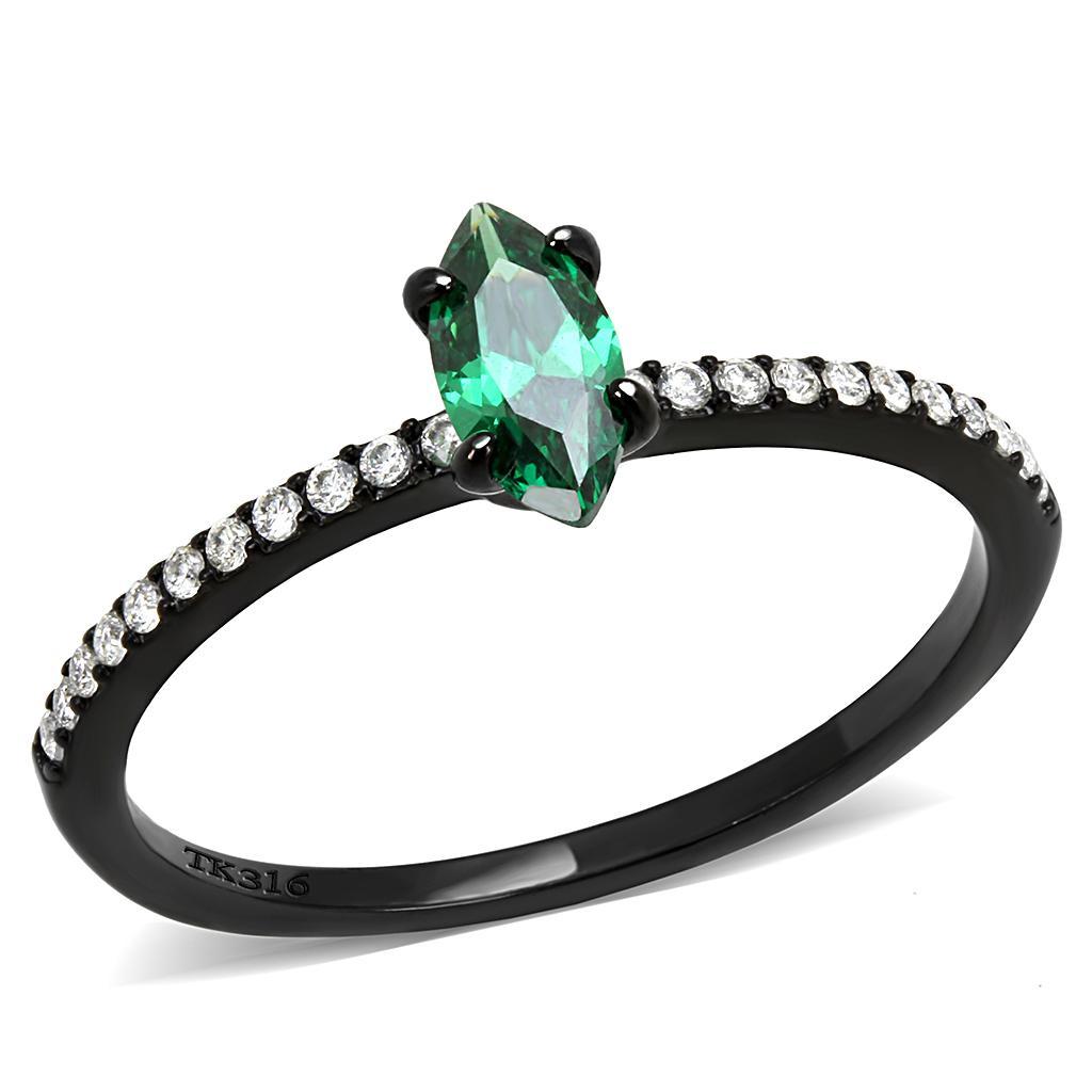 DA033 - IP Black(Ion Plating) Stainless Steel Ring with AAA Grade CZ  in Emerald-0