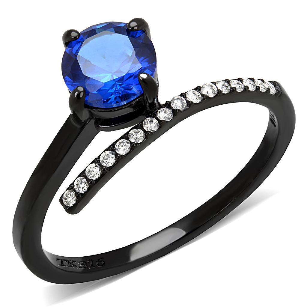 DA038 - IP Black(Ion Plating) Stainless Steel Ring with Synthetic Spinel in London Blue-0